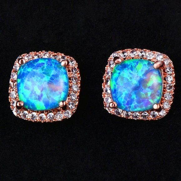 Jewelry - *18K Rose Gold Blue Opal Diamond Halo Earrings